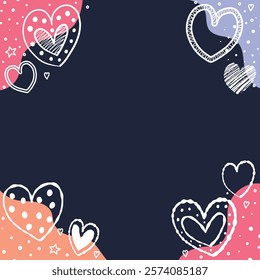 Set of backgrounds with cute hand drawn hearts. Design in cartoon style for Valentine’s Day, Mother’s Day and Women’s Day. Vector illustration