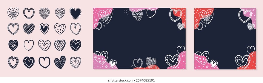 Set of backgrounds with cute hand drawn hearts. Design in cartoon style for Valentine’s Day, Mother’s Day and Women’s Day. Vector illustration