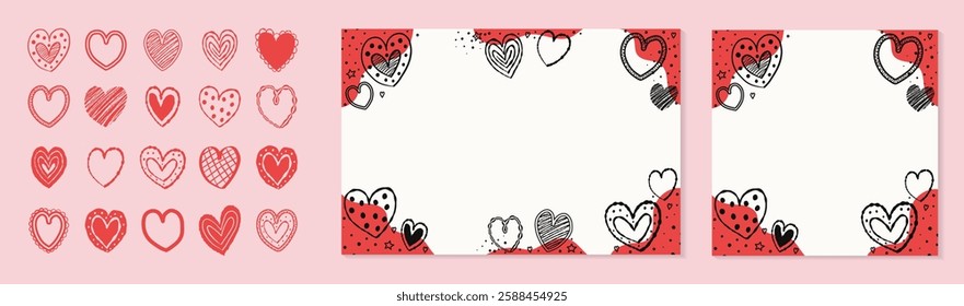 Set of backgrounds with cute hand drawn hearts. Design in cartoon style for Valentine’s Day, Mother’s Day and Women’s Day. Vector illustration