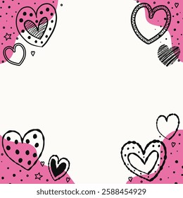 Set of backgrounds with cute hand drawn hearts. Design in cartoon style for Valentine’s Day, Mother’s Day and Women’s Day. Vector illustration