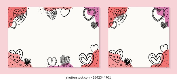 Set of backgrounds with cute hand drawn hearts. Design in cartoon style for Valentine’s Day, Mother’s Day and Women’s Day. Vector illustration