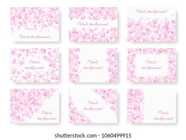 Set of backgrounds with cute petals of a blossoming peach falling on a white backdrop for greeting cards for the Valentine's Day, mother's day or birthday.