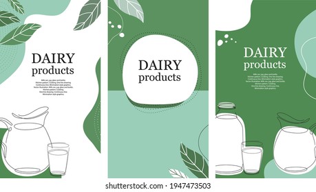 Set Of  Backgrounds. Dairy Products. Milk Jug And Glass. Abstract Design. Social Media Templates. Flyer Backgrounds. Banners, Posters.