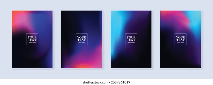 Set of backgrounds for decoration and design. Abstract dark vector backgrounds with color trendy gradient. Vertical templates with space for text. Blue, light blue and pink iridescent colors.