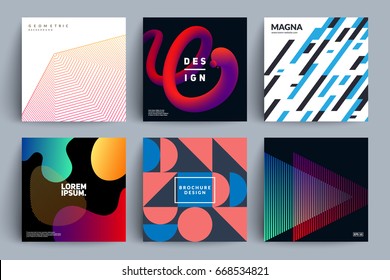 Set of backgrounds with different designs. Minimal, fluid color, retro, geometric covers. Eps10 vector illustration.