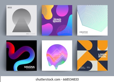 Set of backgrounds with different designs. Minimal, fluid color, holographic, retro, geometric covers. Eps10 vector illustration.