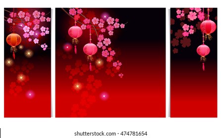 A set of backgrounds of different formats with Japanese cherry "sakura". Templates for design. 