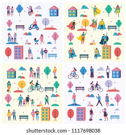 Conjunto de antecedentes con diferentes personas haciendo actividades al aire libre en estilo plano