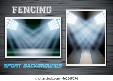 Set Backgrounds of fencing arena and stadium. Horizontal and vertical orientation. Editable Vector Illustration.