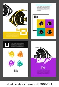Set. Backgrounds with fishes. Pop art style. A4 size. Empty templates for your information. Decor for presentations, banners, posters, covers.