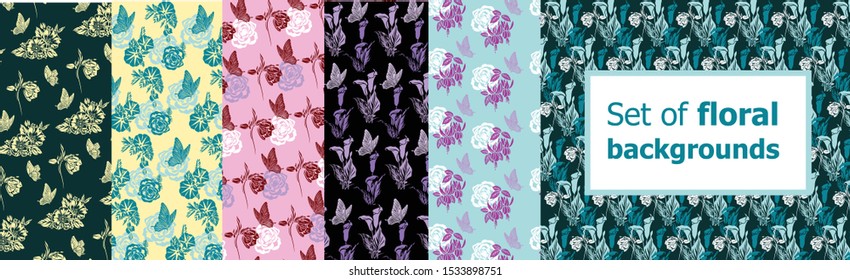 Set of backgrounds with flowers and butterflies.