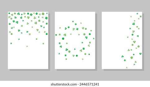 Set of backgrounds of flying green clover leaves, three and four leaf. Vector illustration for cover, banner, poster, card, web and packaging. 