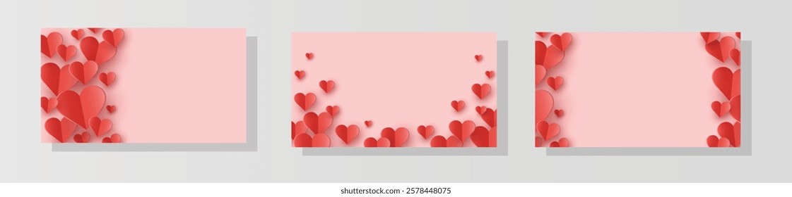 Set of backgrounds with flying paper cut hearts. Abstract concept for Valentine’s Day, Mother’s Day and Women’s Day. Vector illustration