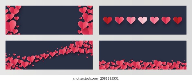 Set of backgrounds with flying paper cut hearts. Abstract banner for Valentine’s Day, Mother’s Day and Women’s Day. Vector illustration