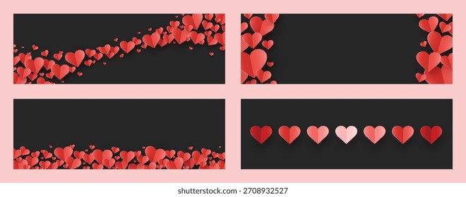 Conjunto de fundos com corações de corte de papel voador. Banner abstrato para o Dia dos Namorados, Dia das Mães e Dia da Mulher. Ilustração vetorial