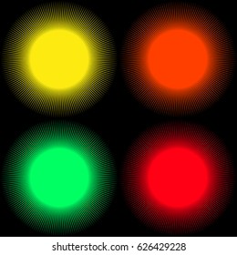 Set of backgrounds in the form of colored balls with rays isolated on a black background