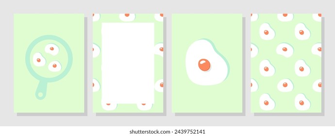 Conjunto de fondos con huevos fritos. Tarjeta de felicitación, marco con huevo frito y sartén. Lindos huevos fritos sobre fondo de menta pastel. Patrón vertical sin costuras. Ilustración simple del vector del diseño plano