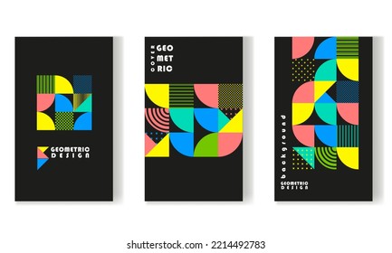 A Set Of Backgrounds Of A Geometric Bauhaus Pattern. Shape Circle, Triangle, Square, Lines. Abstract Vector Posters.