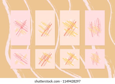 Set of  backgrounds with  geometric elements for social media networks. Story and post templates with decoration. Cards with empty space for text. Vector illustration.