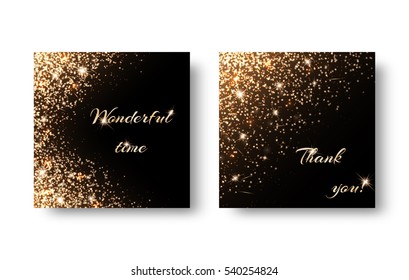 Set of backgrounds with gold glittering ornaments. Design for greeting card for Christmas, birthday, Valentine's Day.