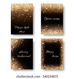 Set of backgrounds with golden lights to design greeting cards. Christmas decorations with glitter.
