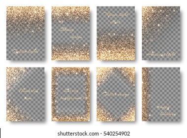 Set of backgrounds with golden lights to design greeting cards on a transparent backdrop. Christmas decorations with glitter.
