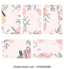 A set of backgrounds for the hair salon. Templates with abstract shapes, plant twigs, and hairdressers tool outlines. Vector illustration for flyer, poster and greeting card.