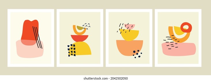 Conjunto de fondos con formas dibujadas a mano y objetos de doodle. Resumen de la moderna y moderna ilustración vectorial.