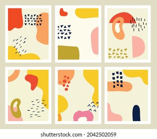Conjunto de fondos con formas dibujadas a mano y objetos de doodle. Resumen de la moderna y moderna ilustración vectorial.
