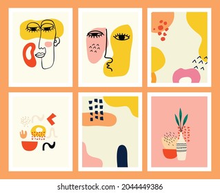 Set of backgrounds with hand drawn shapes and doodle objects. Abstract contemporary modern trendy vector illustration.
