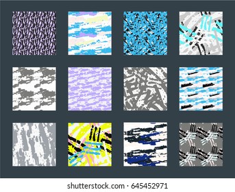 Set of backgrounds hand painted in Safari style. Seamless grunge texture pattern rocks, crushed stone, imitation palm leaves. Pattern for a Hawaiian shirt.