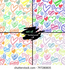 Set of backgrounds with hearts hand draw, tender combination of colors, pastel. Abstract backgrounds for prints, textiles, papers, wallpapers. Vector illustration.