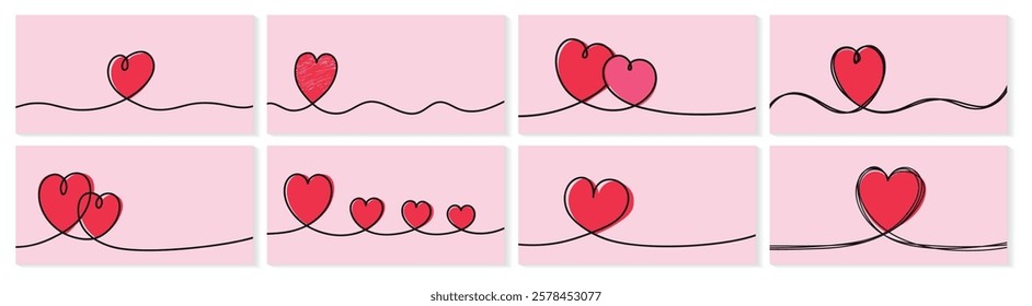 Set of backgrounds with hearts in line art style. Hand drawn design for Valentine’s Day, Mother’s Day and Women’s Day. Vector illustration 