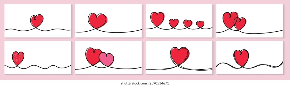 Set of backgrounds with hearts in line art style. Hand drawn design for Valentine’s Day, Mother’s Day and Women’s Day. Vector illustration 