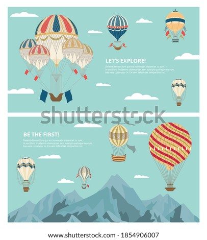 Set backgrounds with hot air balloons gliding in the sky, flat vector illustration. Air balloons festival or aviation holiday banner or poster template.