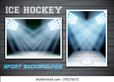 Set Backgrounds of ice hockey arena. Horizontal and vertical orientation. Editable Vector Illustration.