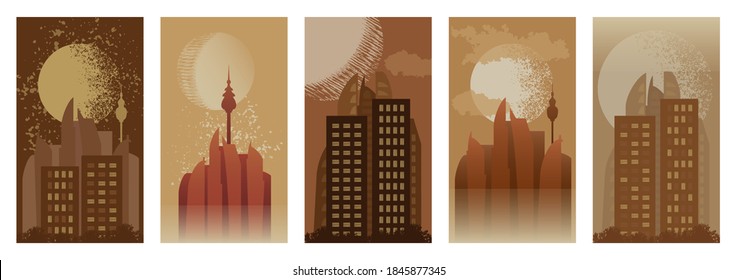 Set of backgrounds for the insta stories social media platform. Banner with city views, textures, and houses. Visual design for your online communities, personal blog, store, and advertising.Vector.