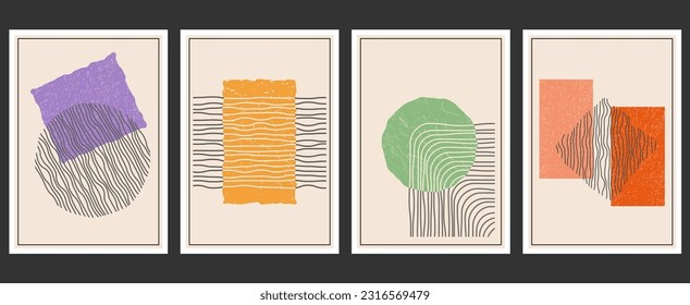 Set of backgrounds for interior design, poster and prints. Minimalistic style of distorted deformed geometric shapes. Abstract composition in flat style