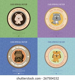 Set of backgrounds with isolated labels and a cute animals. Vector illustration