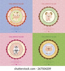 Set of backgrounds with isolated labels and a cute animals. Vector illustration