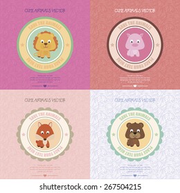 Set of backgrounds with isolated labels and a cute animals. Vector illustration