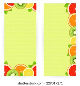 Set of backgrounds with juicy slices of bright fruit and mint leaves