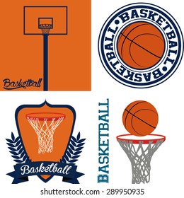 Set of backgrounds and labels with different basketball elements. Vector illustration