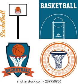 Set of backgrounds and labels with different basketball elements. Vector illustration