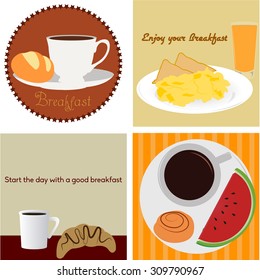 Set of backgrounds and labels with different breakfasts. Vector illustration