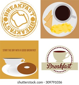Set of backgrounds and labels with different breakfasts. Vector illustration