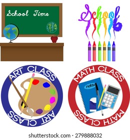 Set of backgrounds and labels with school supplies. Vector illustration