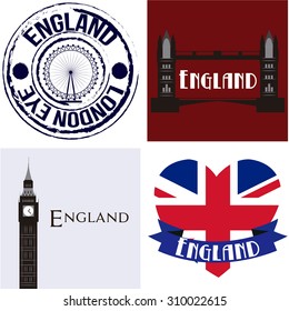 Set of backgrounds and labels with text and british elements. Vector illustration