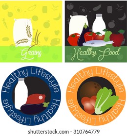 Set of backgrounds and labels with text and healthy food. Vector illustration