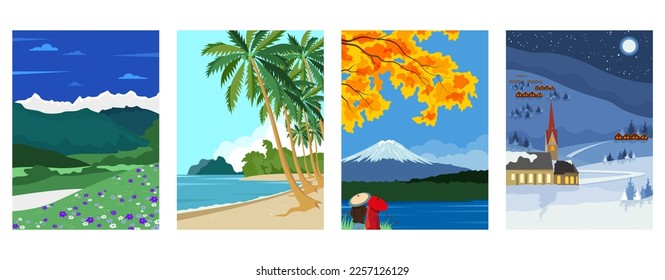Set of backgrounds with landscapes of the four seasons in bright colors and a simple style